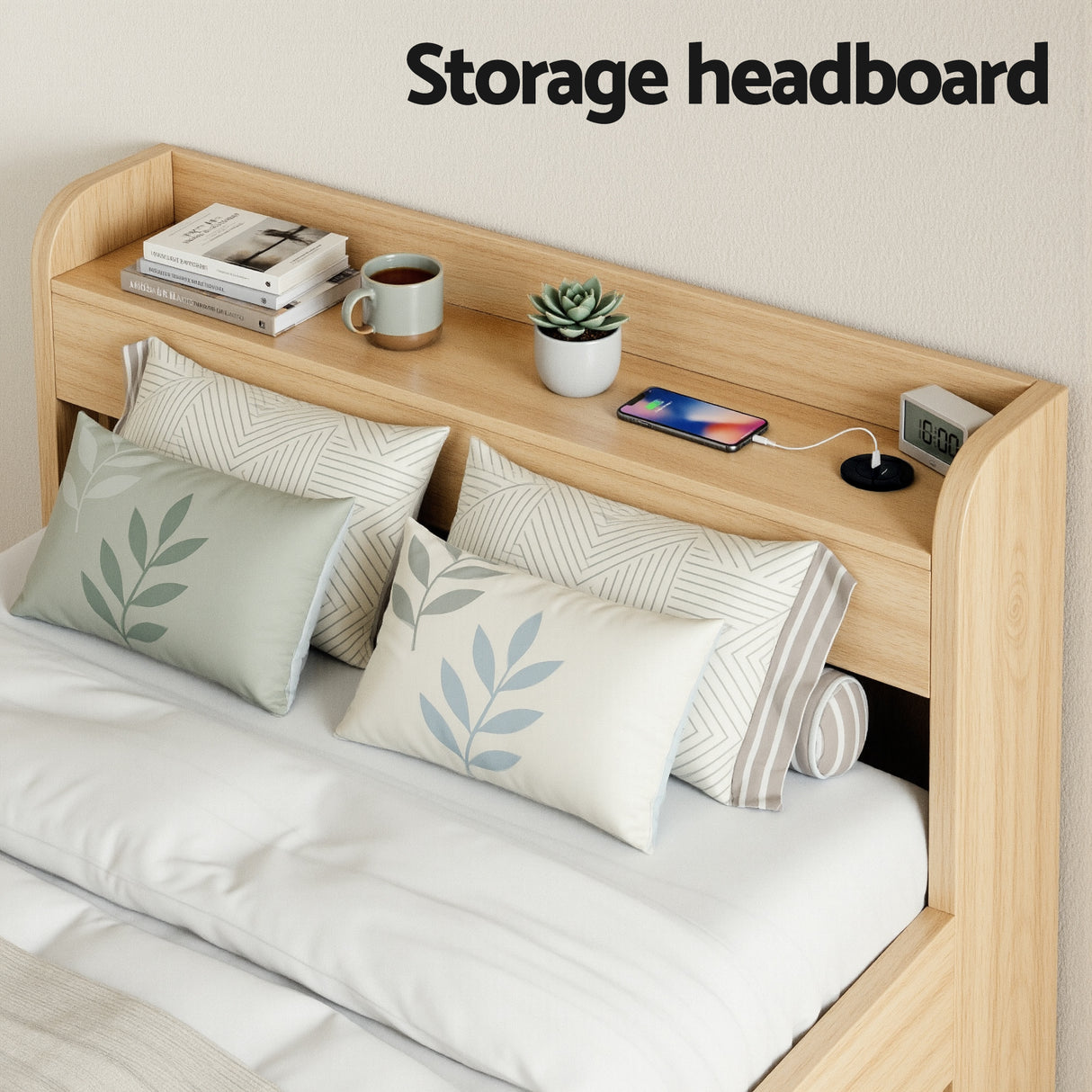 Artiss Single Bed Frame with 2 Storage Drawers Platform Bed Base with USB Ports Sturdy Wooden Slat Support Natural