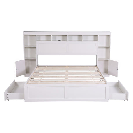 Artiss Queen Bed Frame with Storage Bookcase Headboard, USB & Type-C Ports & Drawers White