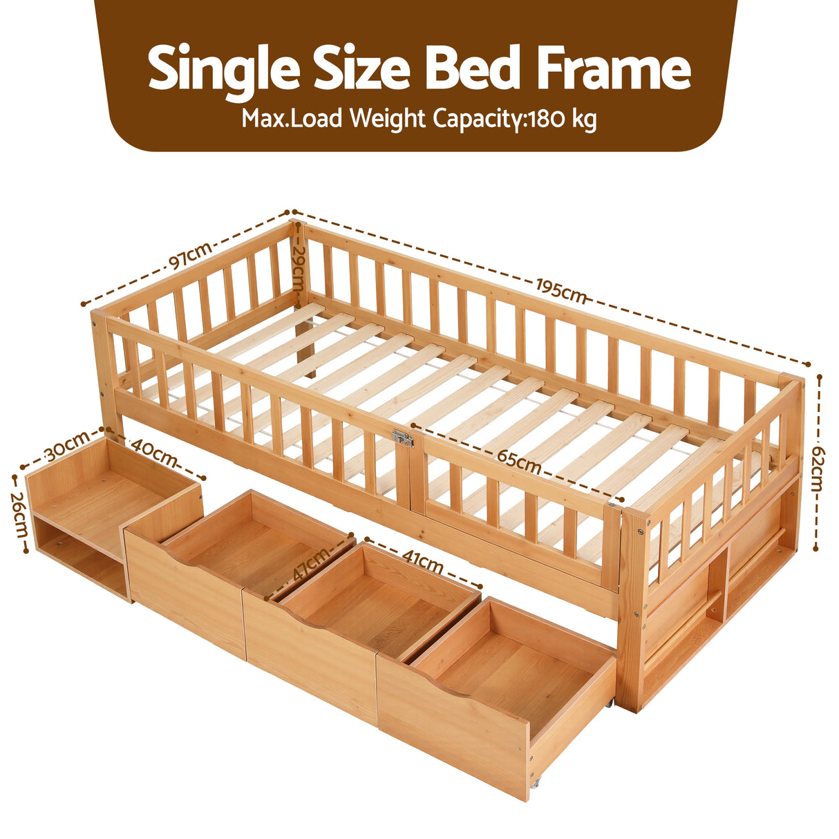 Artiss Kids Single Bed Frame with 3 Storage Drawer Montessori Bed for Toddler Natural