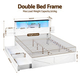 Artiss Double Bed Frame with Storage Drawers White Platform Bedframe with Bookcase Headboard Charging Station Led Light