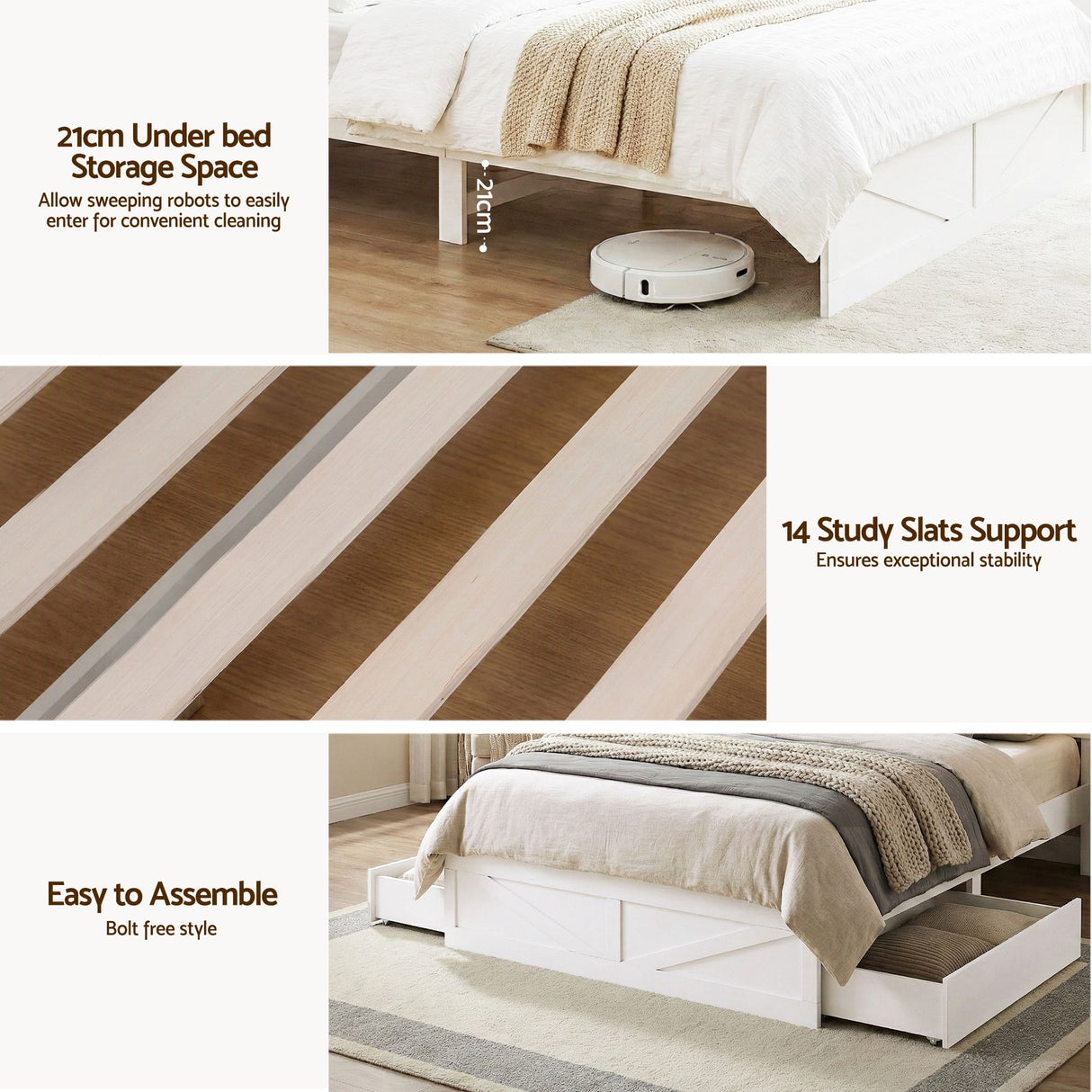 Artiss King Single Bed Frame with Storage Drawers White Platform Bedframe with Bookcase Headboard Charging Station Led Light