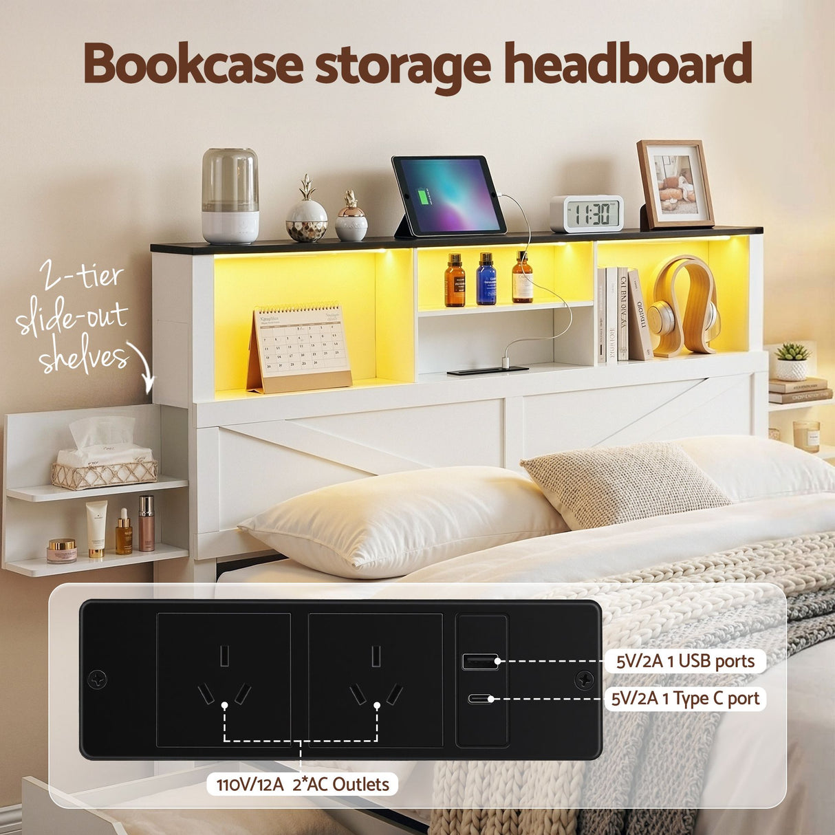 Artiss Single Bed Frame with Storage Drawers White Platform Bedframe with Bookcase Headboard Charging Station Led Light
