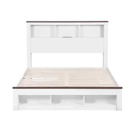 Artiss Queen Bed Frame with Storage Bookcase Headboard and Footboard White Wooden Platform Bed with Charging Station and Led Light Bedroom Furniture