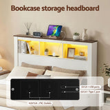 Artiss Queen Bed Frame with Storage Bookcase Headboard and Footboard White Wooden Platform Bed with Charging Station and Led Light Bedroom Furniture