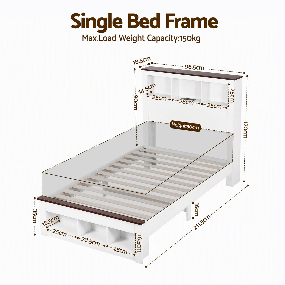 Artiss Single Bed Frame with Storage Bookcase Headboard and Footboard, White