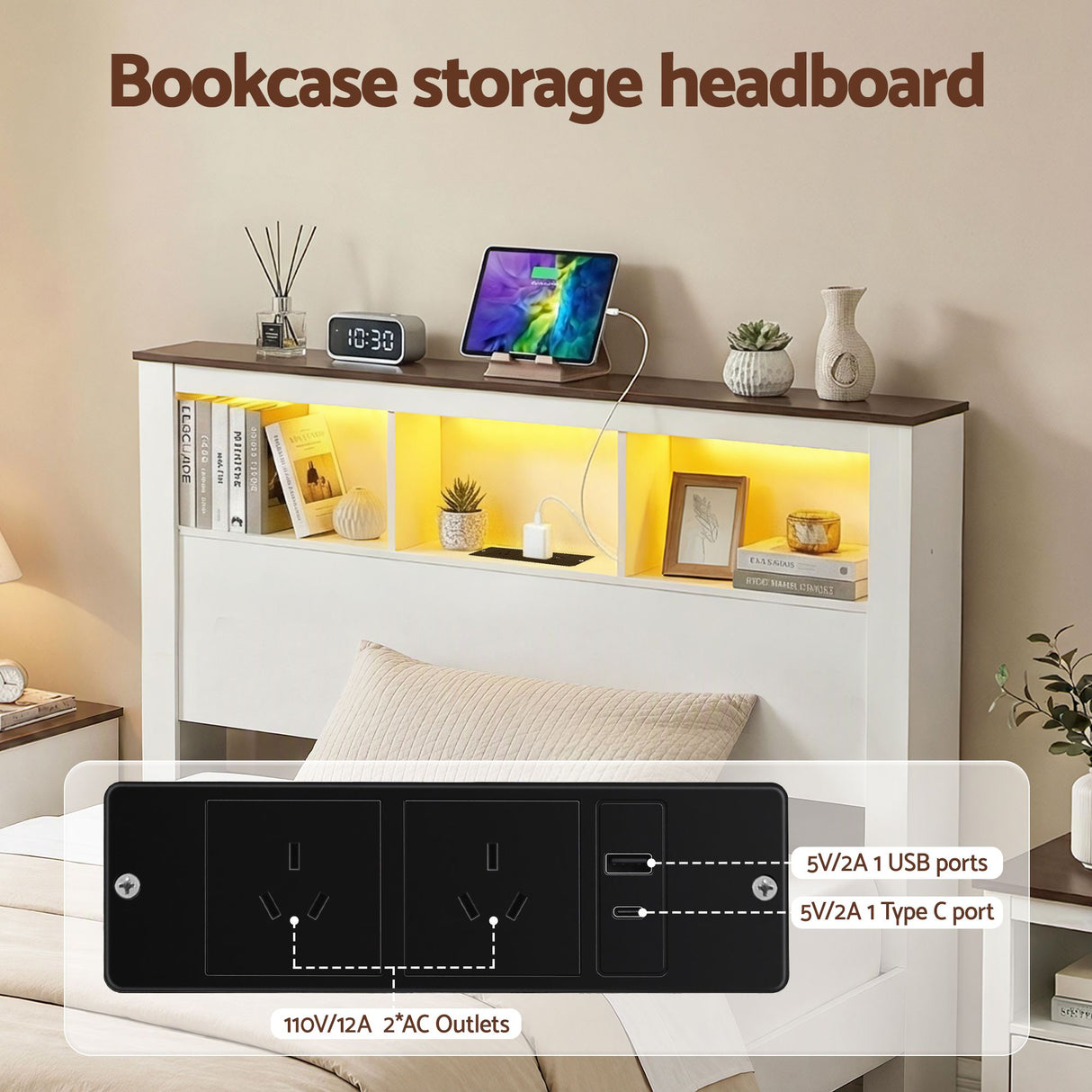 Artiss Single Bed Frame with Storage Bookcase Headboard and Footboard, White