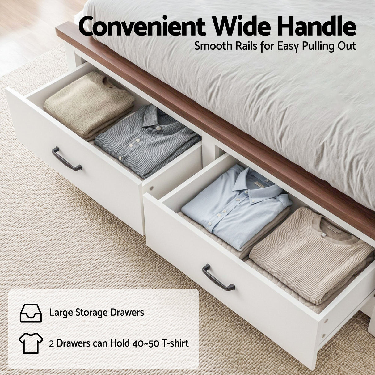 Artiss Queen Wooden Bed Frame with 2 Drawer Platform Bed with 108cm Solid High Headboard White Bed Base for Bedroom Easy Assembly