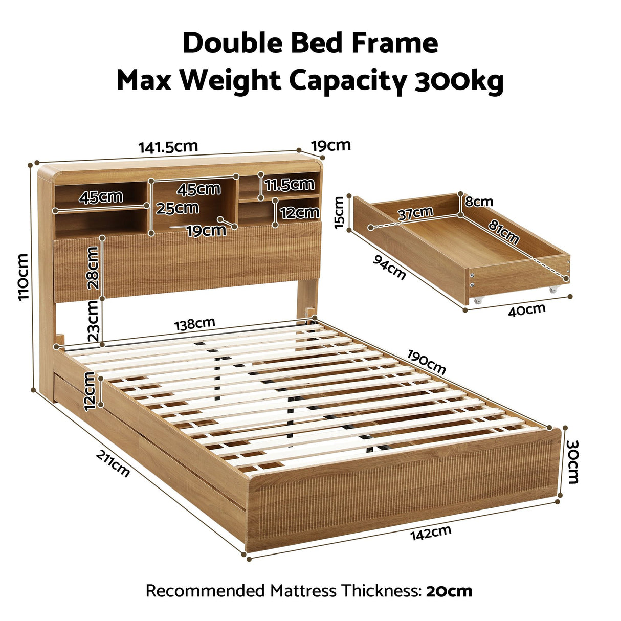 Artiss Double Bed Frame with Storage, 4 Drawers, USB and Night Light Natural
