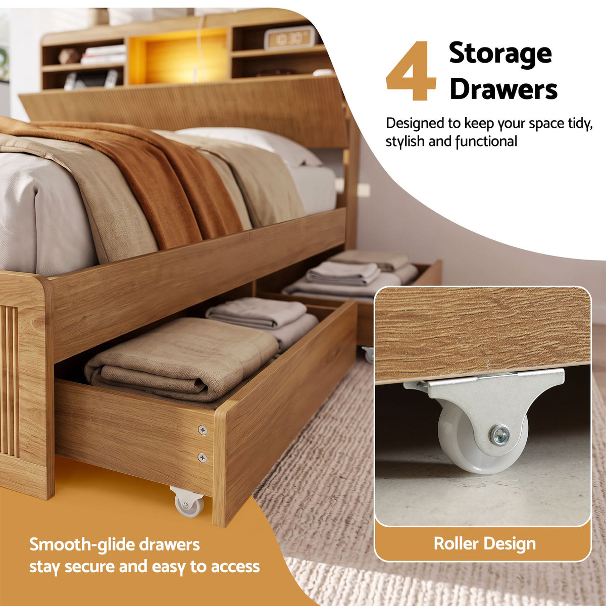 Artiss Double Bed Frame with Storage, 4 Drawers, USB and Night Light Natural