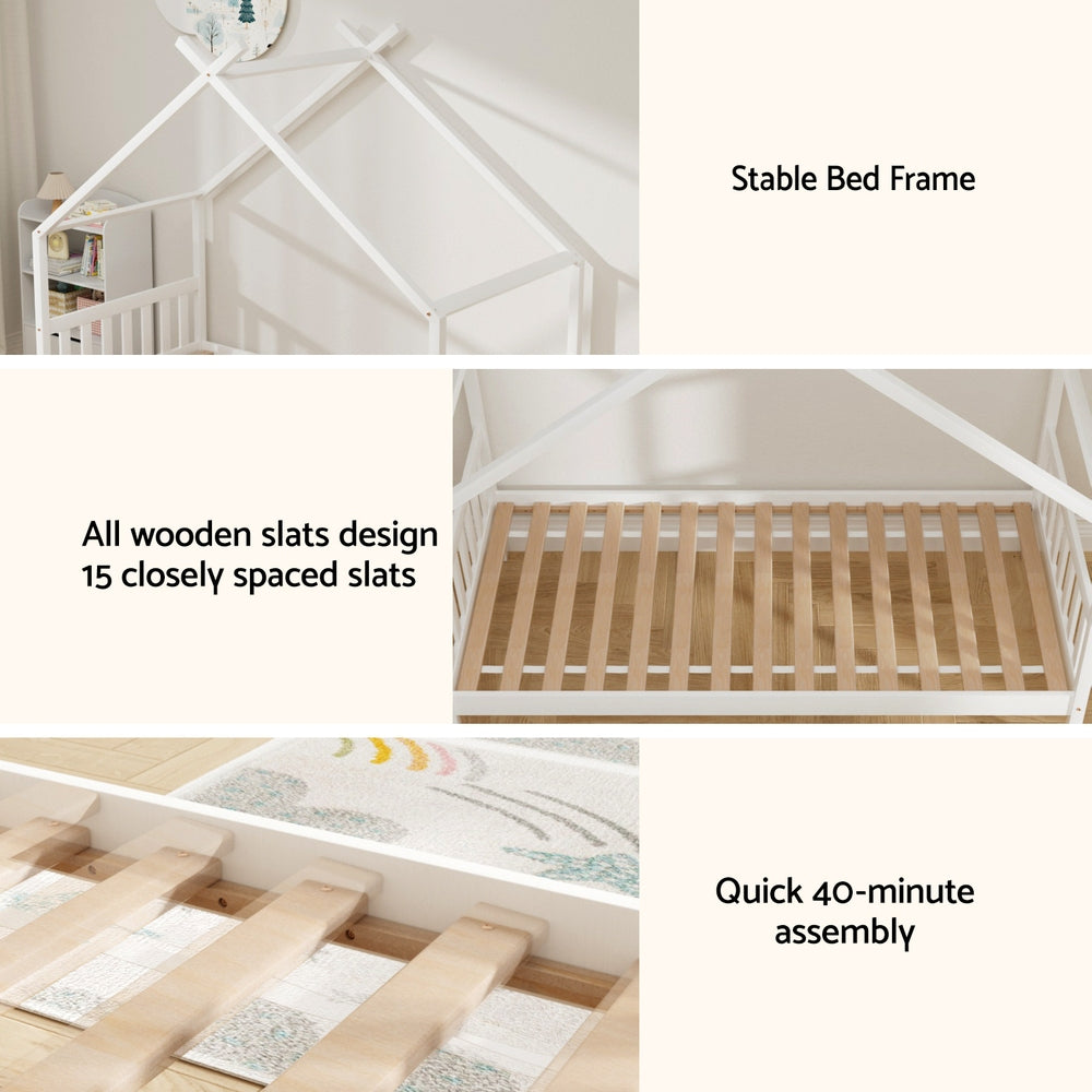 Artiss Bed Frame Wooden Base Kids Single Timber House Beds White