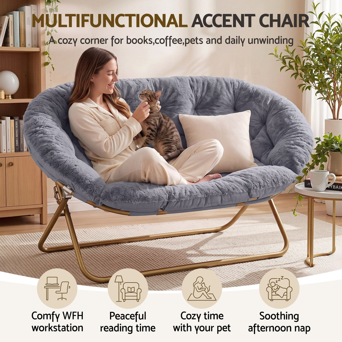 Artiss Double Saucer Chair Soft Faux Fur Lounge Foldable Oversize Chair for Bedroom Grey