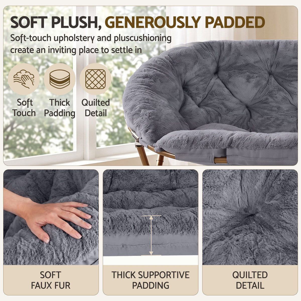 Artiss Double Saucer Chair Soft Faux Fur Lounge Foldable Oversize Chair for Bedroom Grey