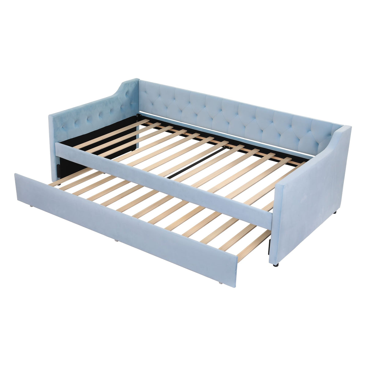 Artiss King Single Buttonless Tufted Daybed with Pull-Out Trundle, Light Blue