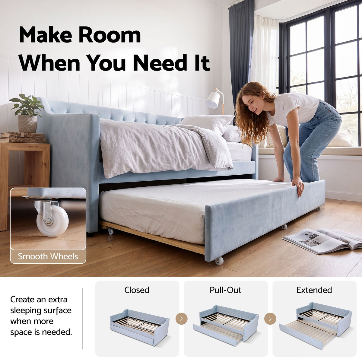 Artiss King Single Buttonless Tufted Daybed with Pull-Out Trundle, Light Blue