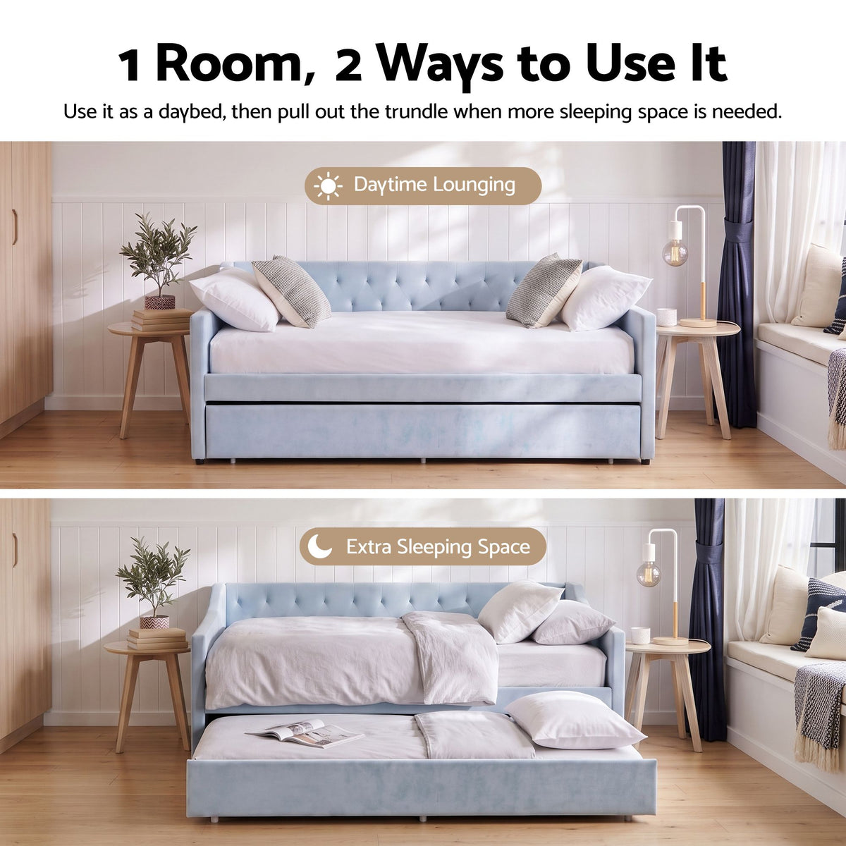 Artiss King Single Buttonless Tufted Daybed with Pull-Out Trundle, Light Blue