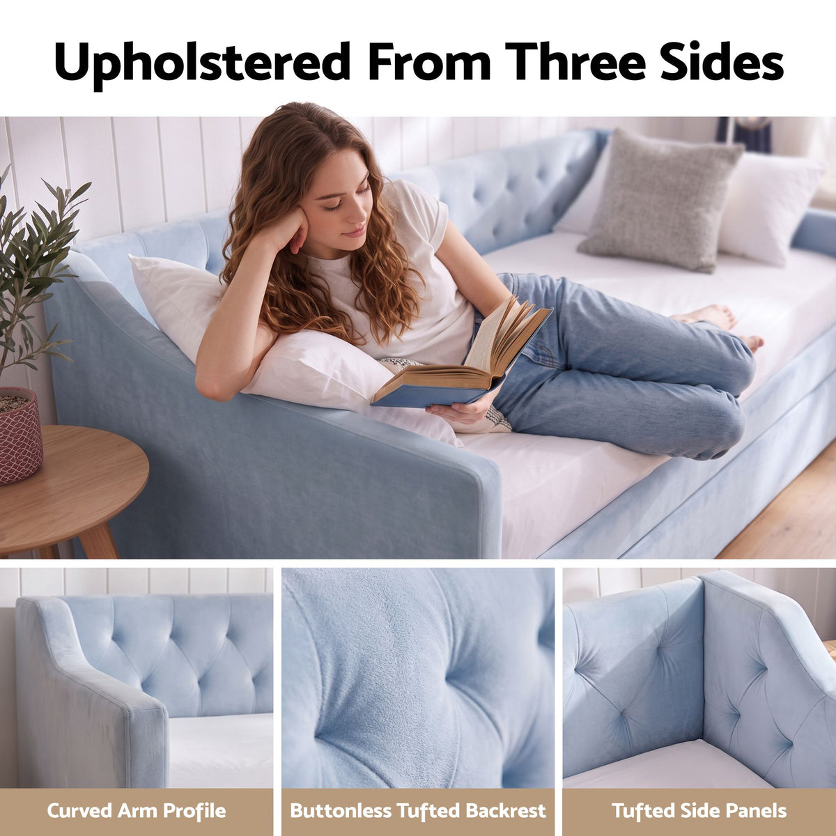 Artiss King Single Buttonless Tufted Daybed with Pull-Out Trundle, Light Blue