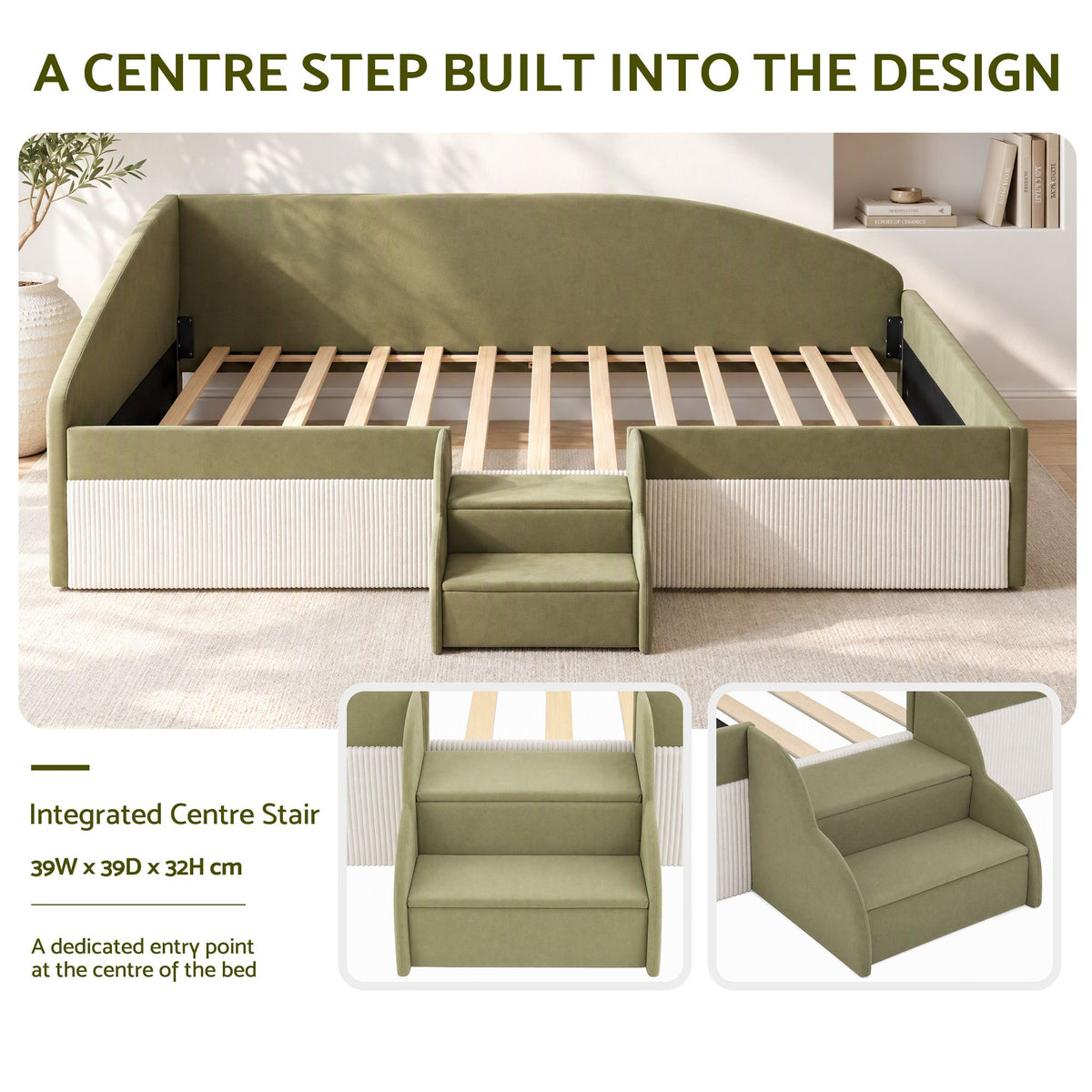 Artiss Single Upholstered Daybed, Centre Stair, Olive Green