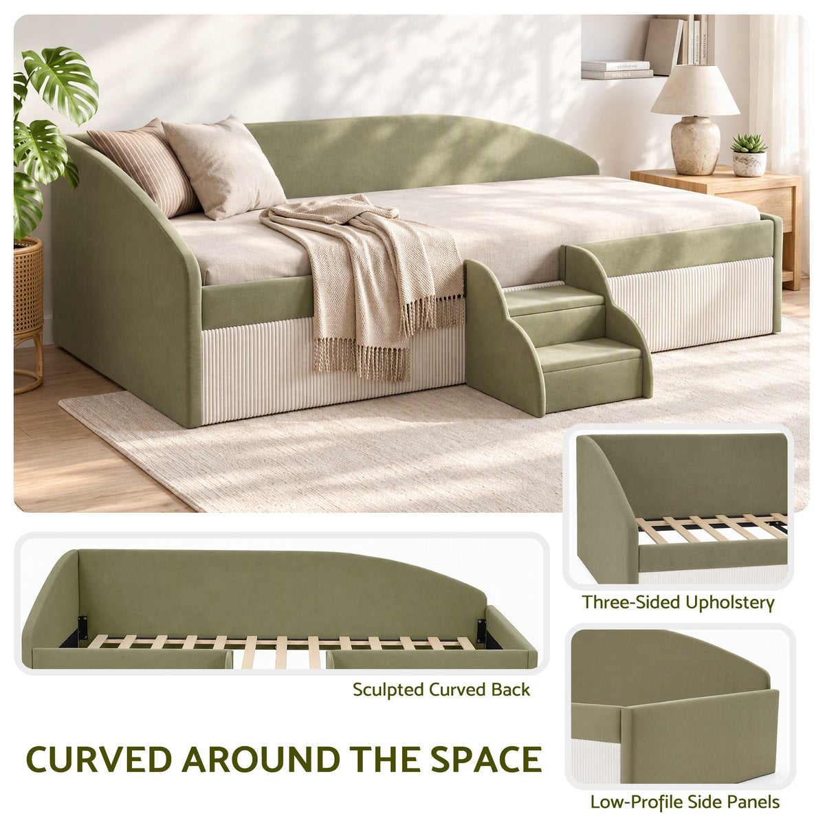 Artiss Single Upholstered Daybed, Centre Stair, Olive Green