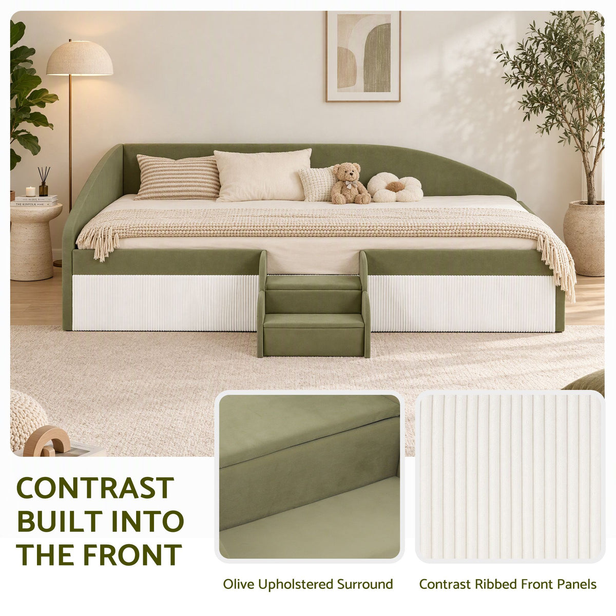 Artiss Single Upholstered Daybed, Centre Stair, Olive Green