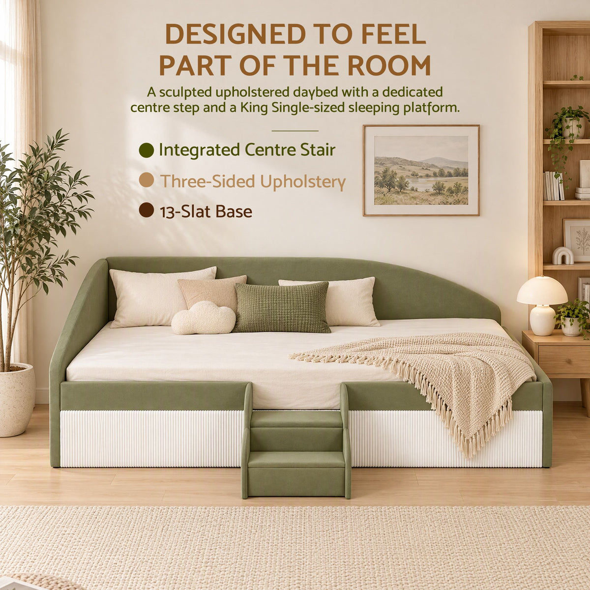 Artiss Single Upholstered Daybed, Centre Stair, Olive Green