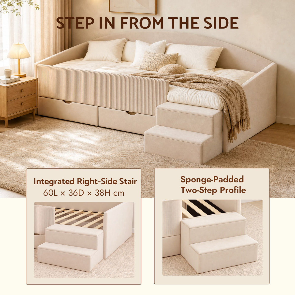 Artiss King Single Upholstered Daybed with Stairs & Storage Drawers, Beige