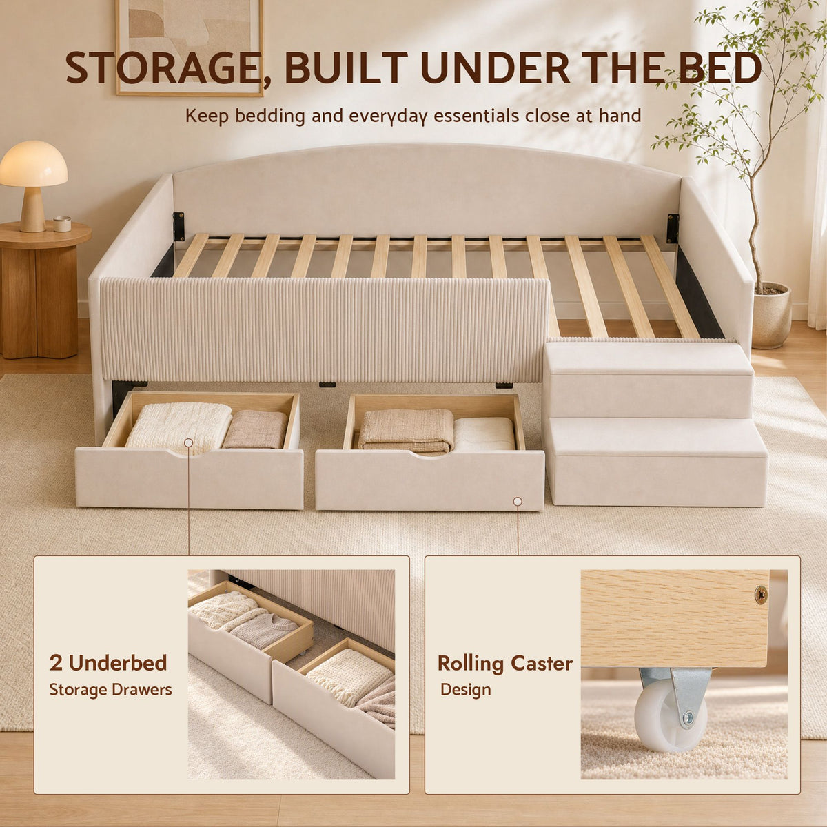 Artiss King Single Upholstered Daybed with Stairs & Storage Drawers, Beige
