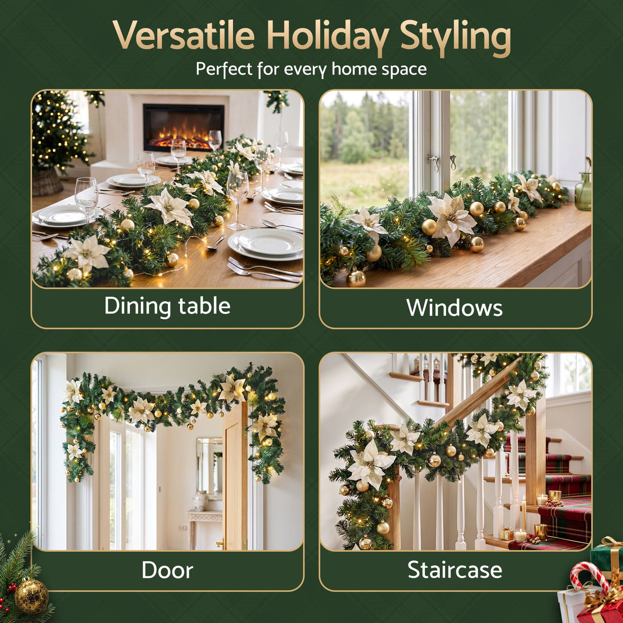 Jingle Jollys 2.7M Christmas Garland 8 Mode LEDs Timing 200 Tips Flowers Balls