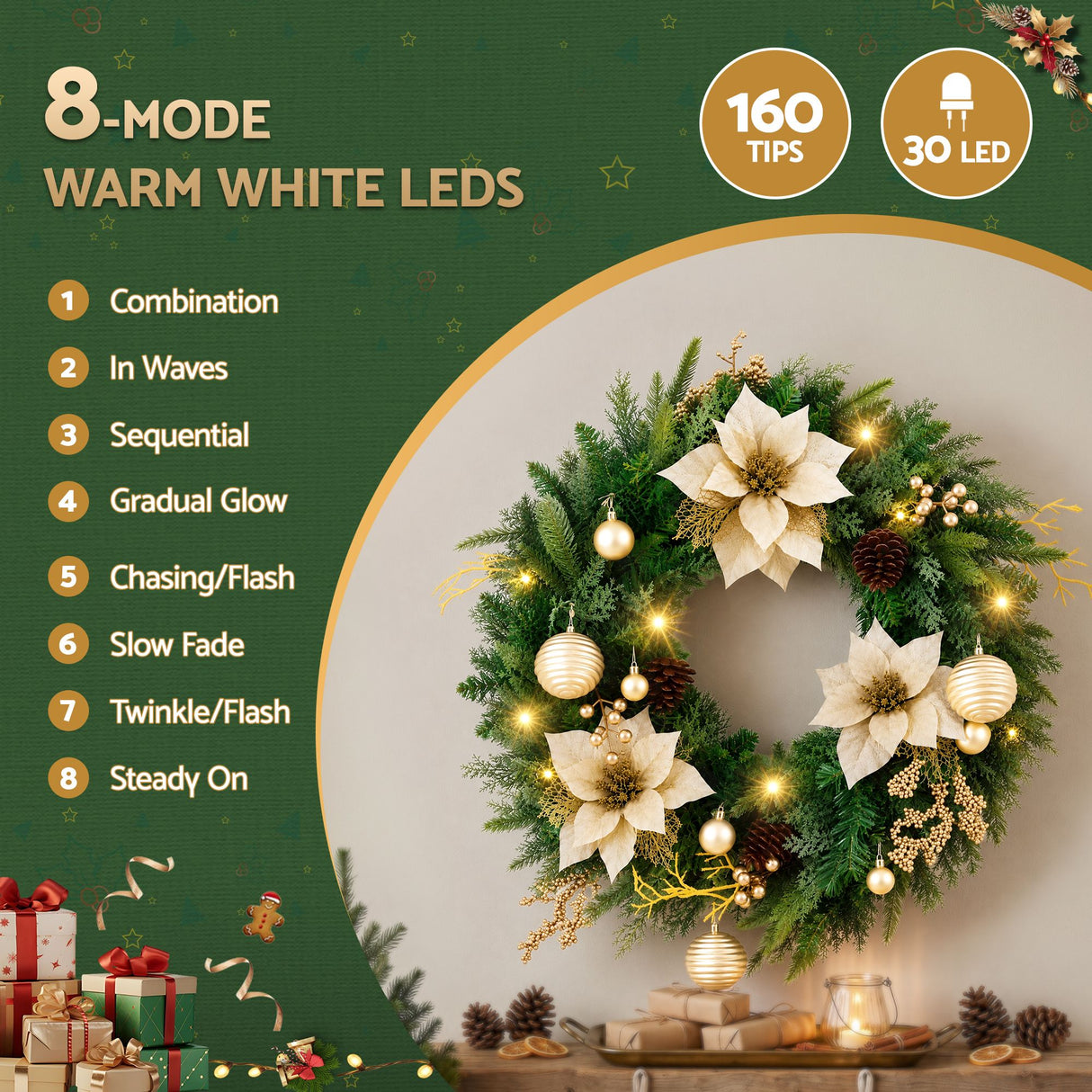 Jingle Jollys 60cm Pre-Lit Christmas Wreath LED Garlands Gold Flowers Pinecones Decor