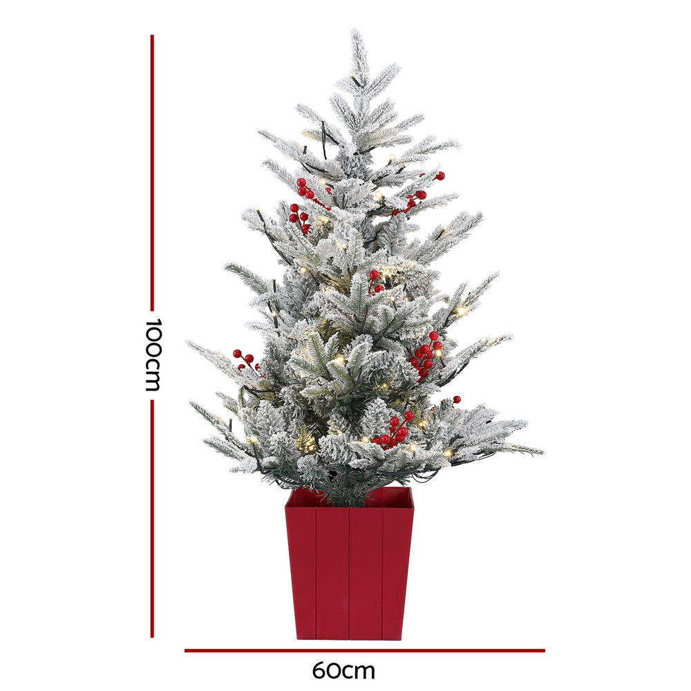 Jingle Jollys Christmas Tree 1M LED Potted Xmas Party Decor Red Barries Flocked