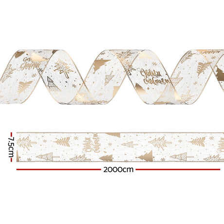 Jingle Jollys 20M Christmas Ribbon Roll Bow Printed Xmas Tree Decor Gift Gold