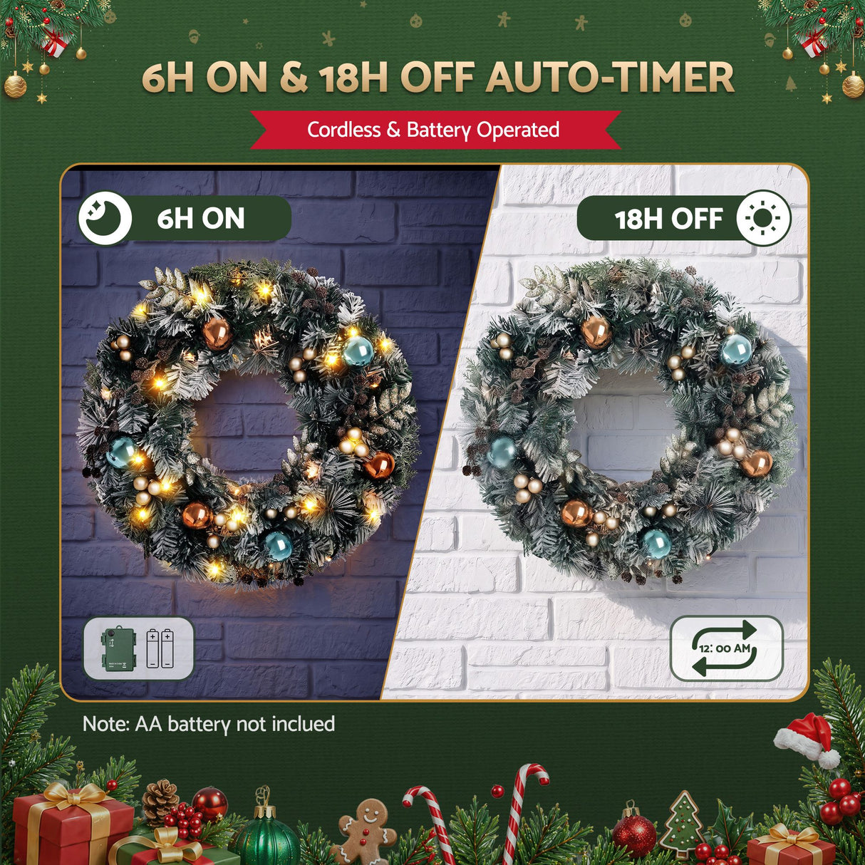 Jingle Jollys 60cm Christmas Wreath with LED Lights Snowy Garland Xmas Decor