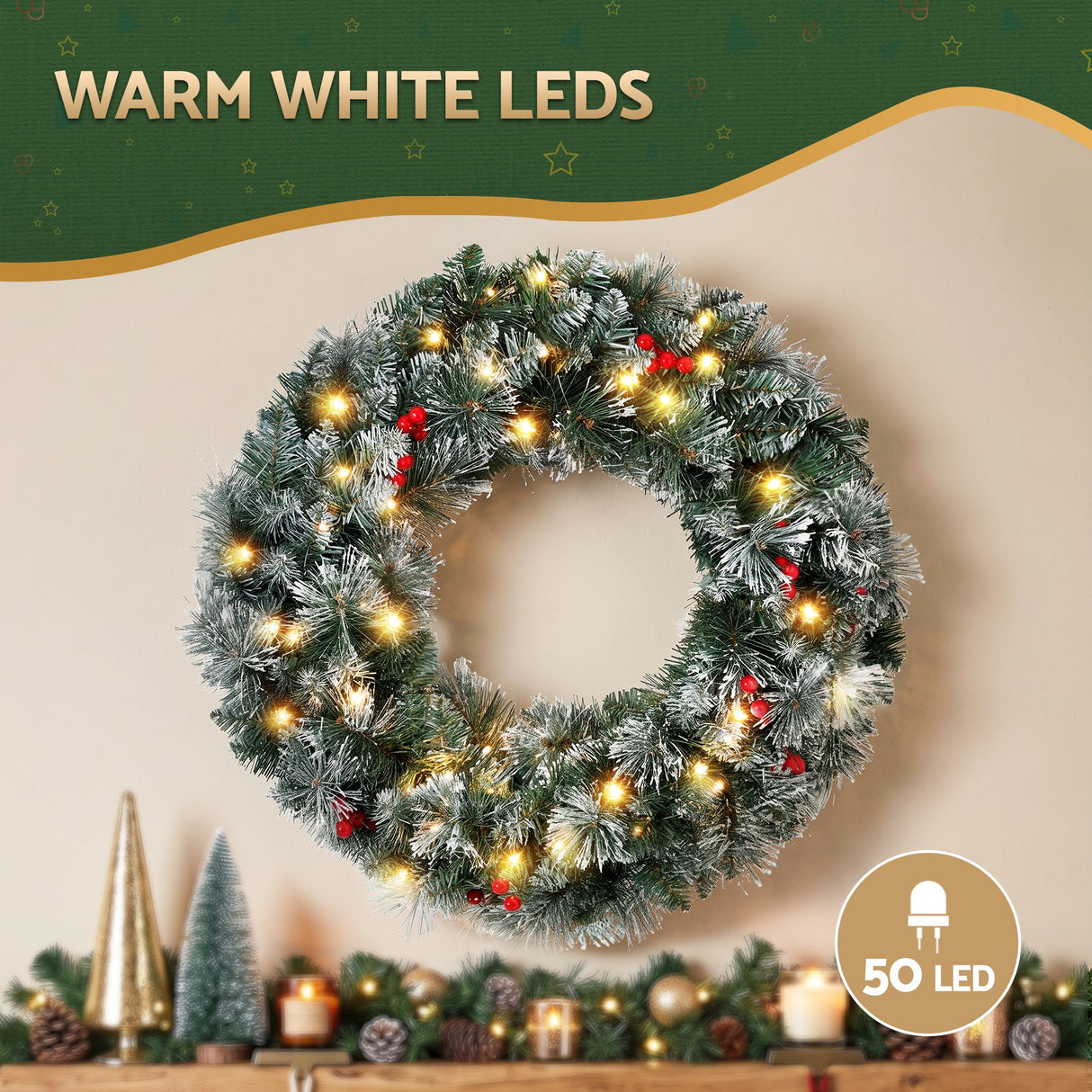 Jingle Jollys 60cm Christmas Wreath LED Lights Snowy Berries Garland Party Decor