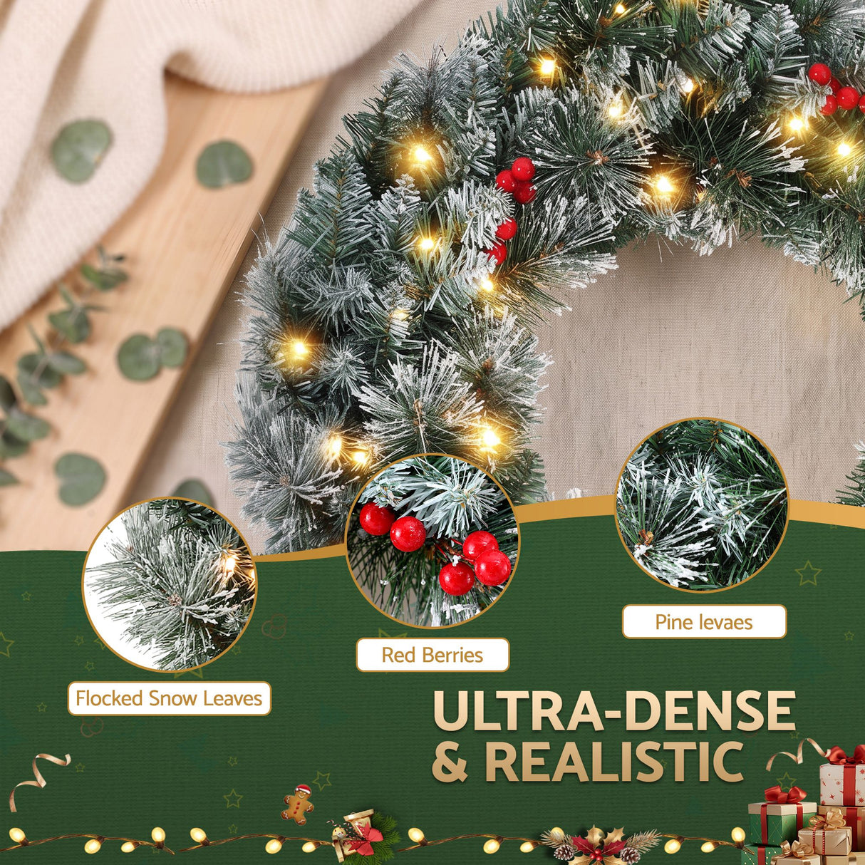 Jingle Jollys 60cm Christmas Wreath LED Lights Snowy Berries Garland Party Decor