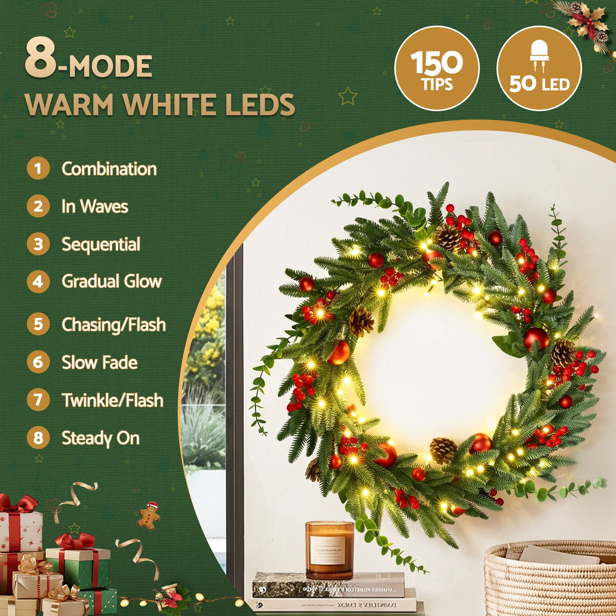 Jingle Jollys 60cm Pre-Lit Christmas Wreath LED Light Front Door Xmas Decor Garland