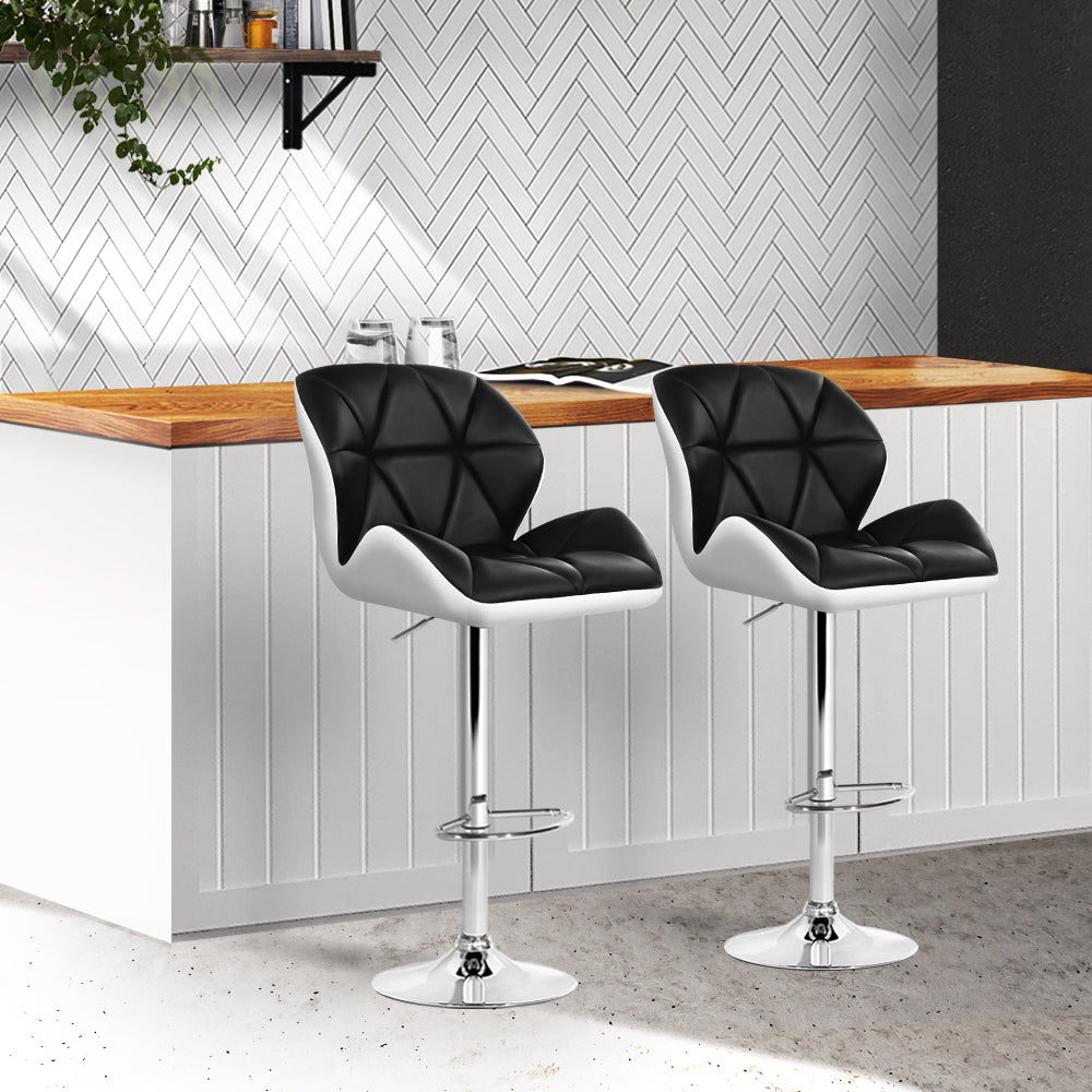 2x Bar Stools Gas Lift Leather Black & White