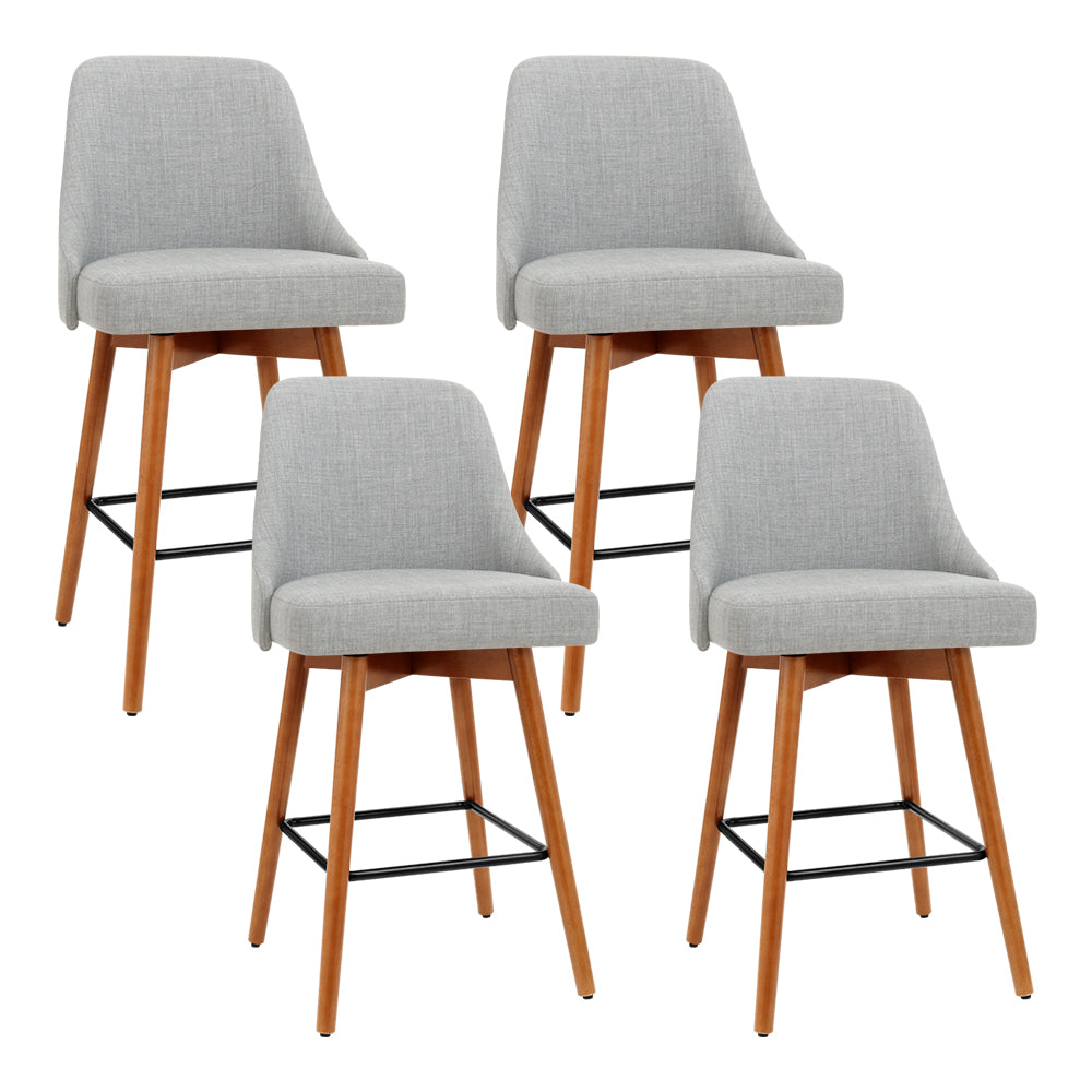 4x Bar Stools Black Wood Base Faux Linin Grey Seat