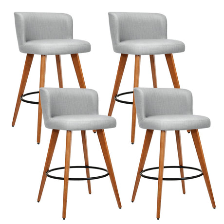 4x Bar Stools Wood Base Faux Linin Grey Seat