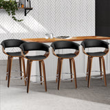 4x Bar Stools Wood Base Black Padded Seat