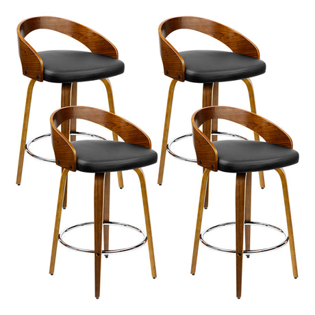 4x Bar Stools Walnut Wood Legs Linin PU Leather Padded Seat