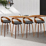 4x Bar Stools Walnut Wood Legs Linin PU Leather Padded Seat