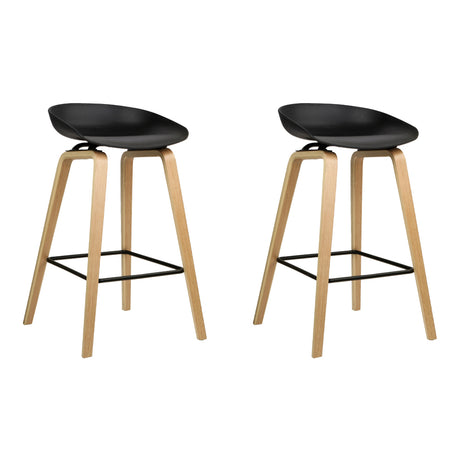 2x Bar Stools Black PP Plastic Seat - Wooden Legs