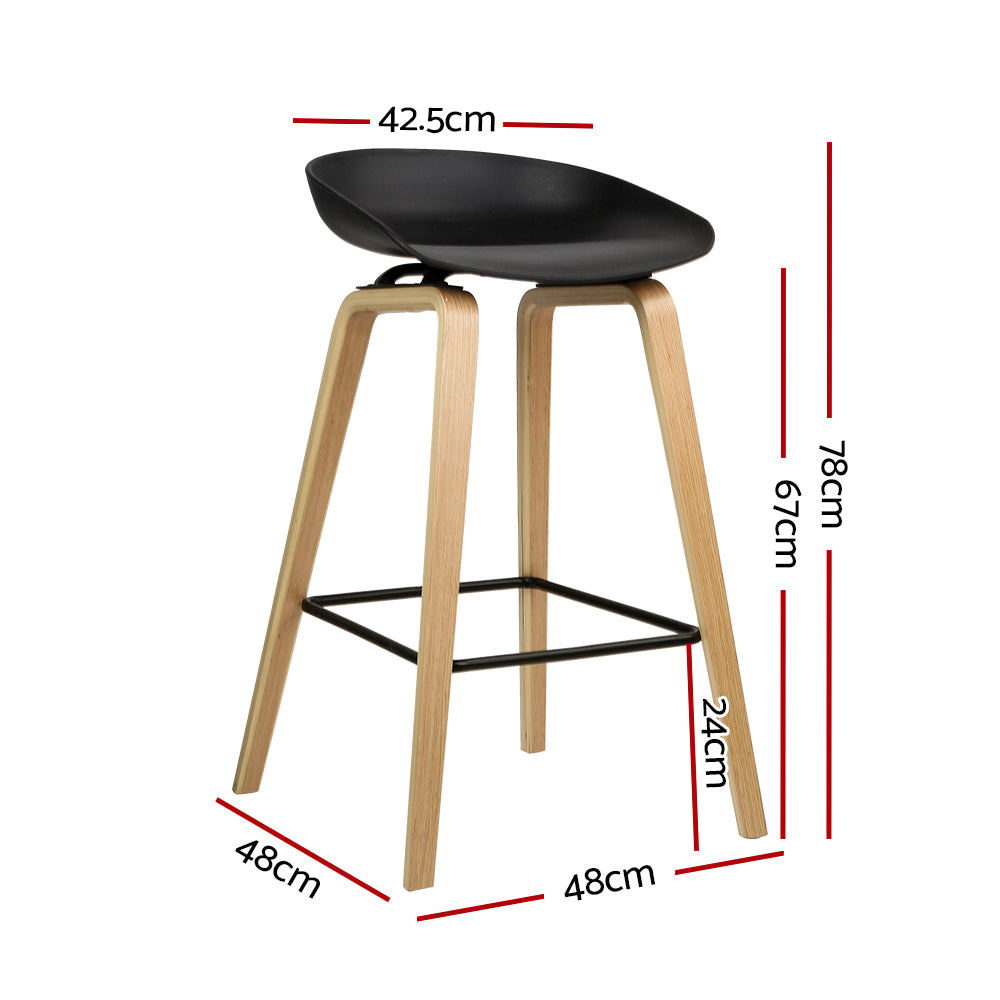 2x Bar Stools Black PP Plastic Seat - Wooden Legs