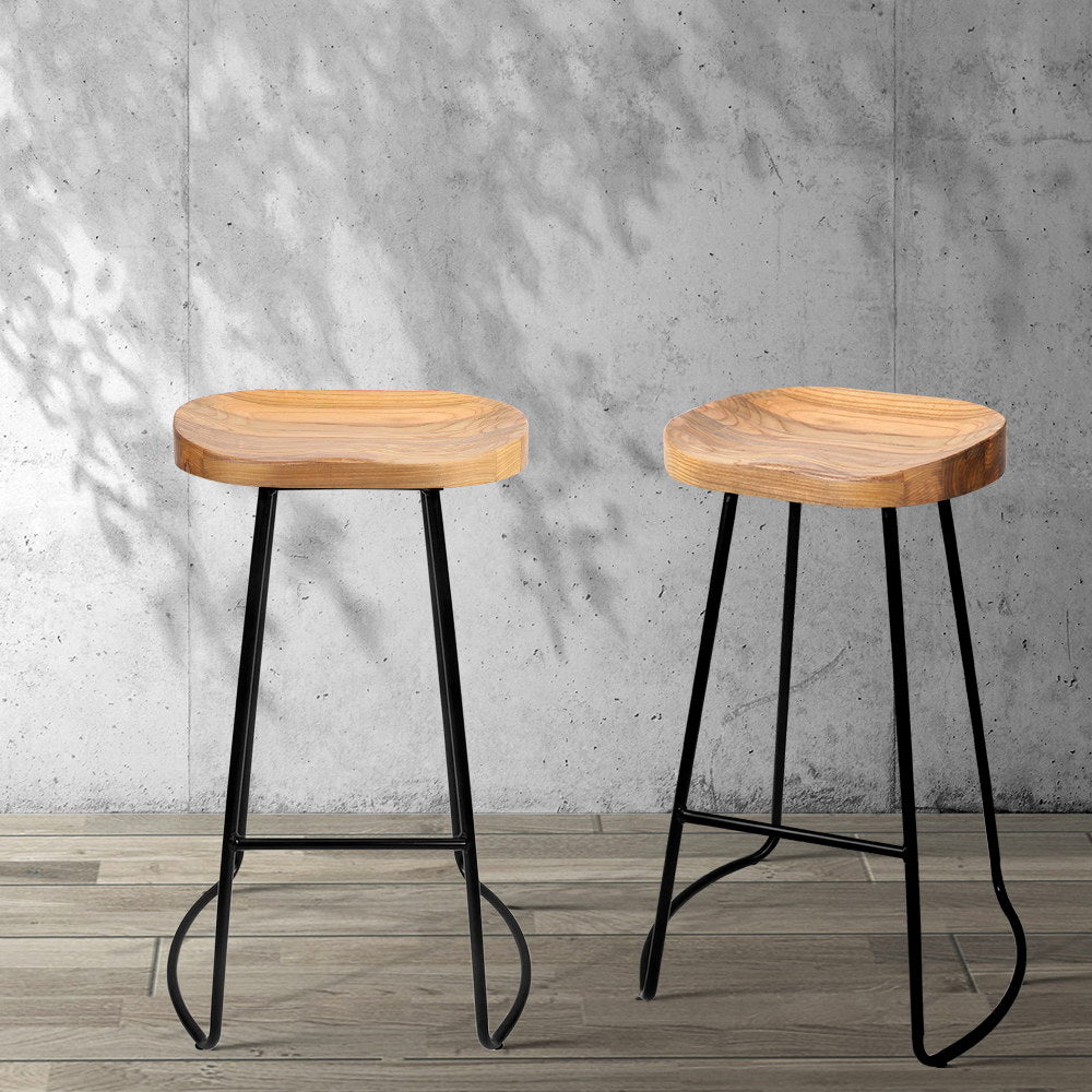 2x Tractor Bar Stools Black Legs/Wood Colour Seat