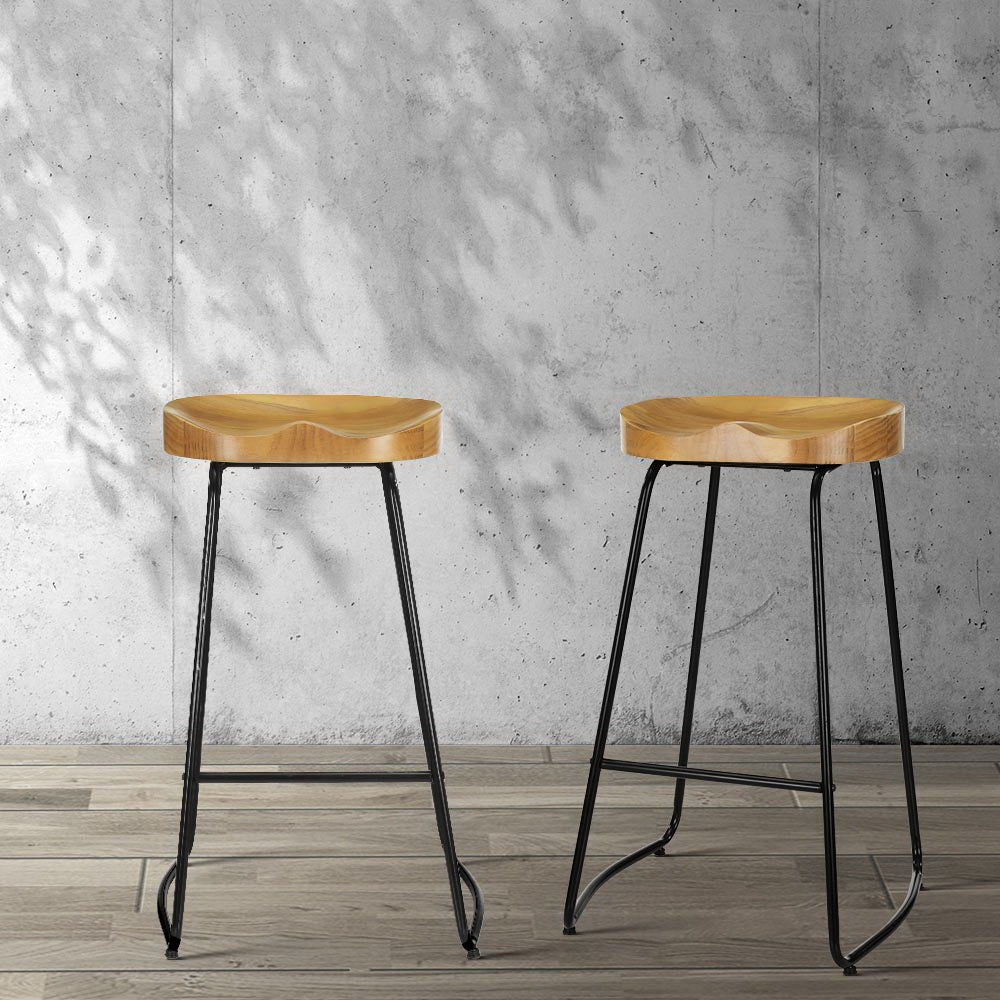 2x Tractor Bar Stools Black Legs/Wood Colour Seat