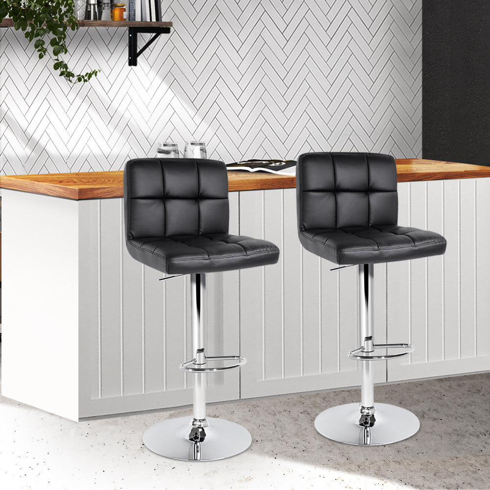 2x Bar Stools Gas Lift Leather Black with Back rest