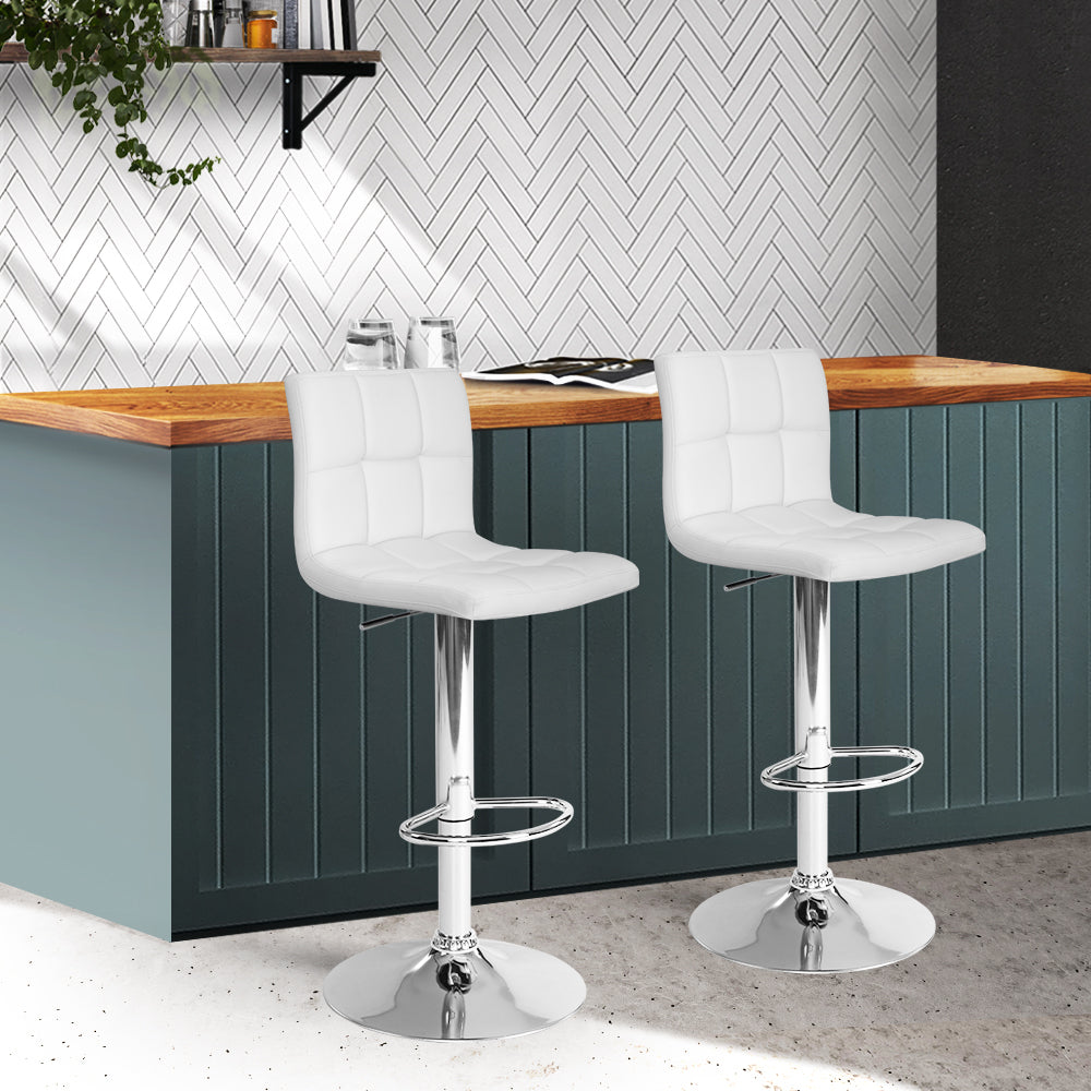 2x Bar Stools Gas Lift Leather White