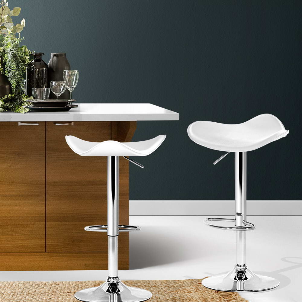 2x Bar Stools Gas Lift Leather White