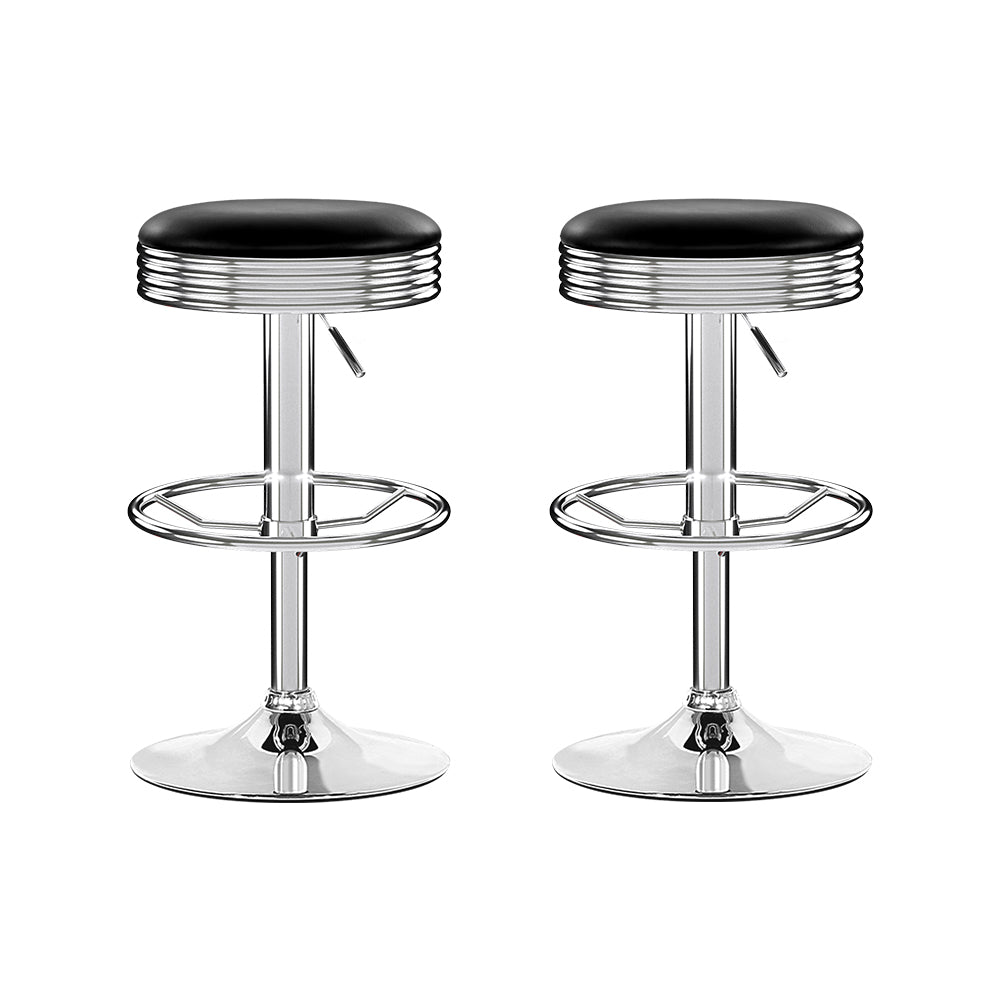 Set of 2 PU Leather Kitchen Bar Stools- Black