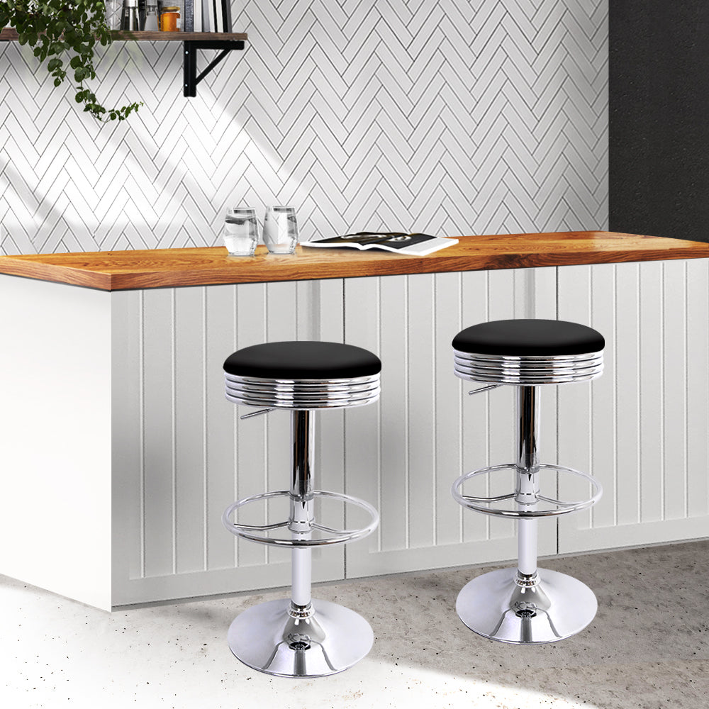 Set of 2 PU Leather Kitchen Bar Stools- Black