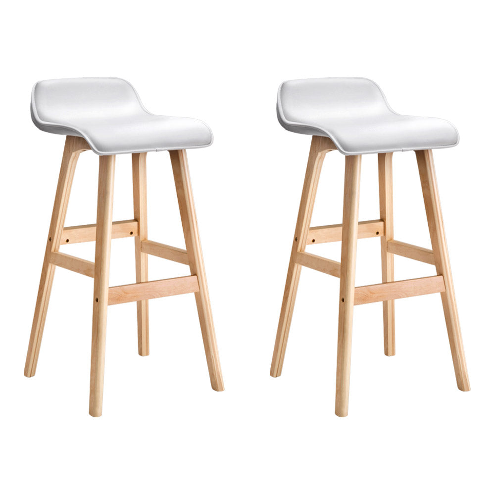 2x Bar Stools Wood Base White PU Leather Seat